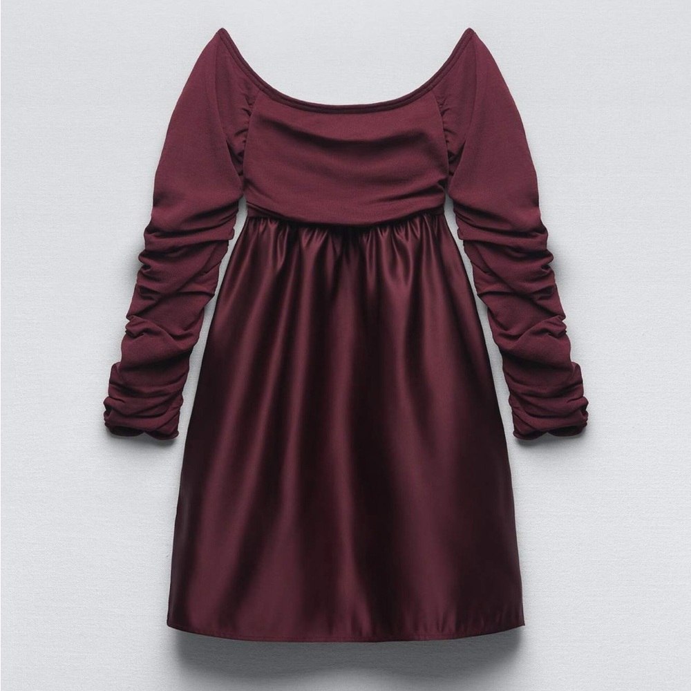 NWOT Zara Burgundy Combination Knit Mini dress Size M Long-sleeve Off Shoulder